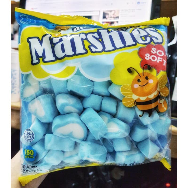 มาร์ชเมลโล่ รูปหัวใจสีฟ้า วนิลา Marshmellow Marshies 150g.