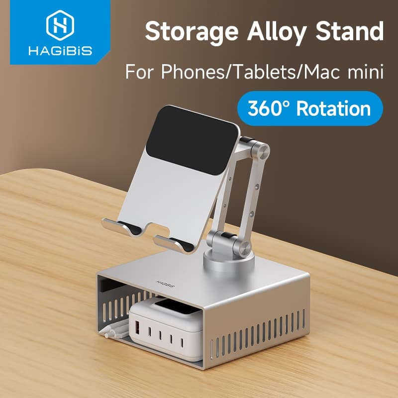 Hagibis Desktop Stand สําหรับ iPad Pro/Air Mac mini M4/M4 Pro Storage ที่วางโลหะ 360° ขายึดมัลติฟังก์ชั่นแบบพับได้แบบปรับได้