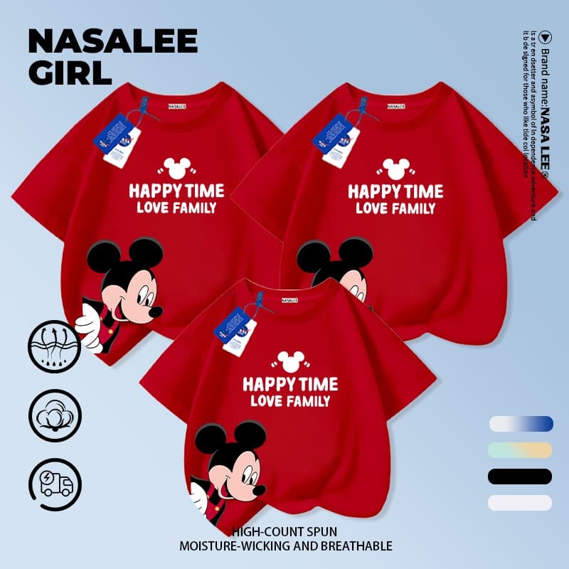 【จัดส่งวันเดียวกัน ถึงใน 2 วัน】เสื้อทีม NASA สีแดง ผ้าฝ้าย ลายมิกกี้เมาส์ ชุดครอบครัว (3-4 คน) ทรงหลวมสบาย สำหรับพ่อแม่และลูก เสื้อแขนสั้นสไตล์สปอร์ต