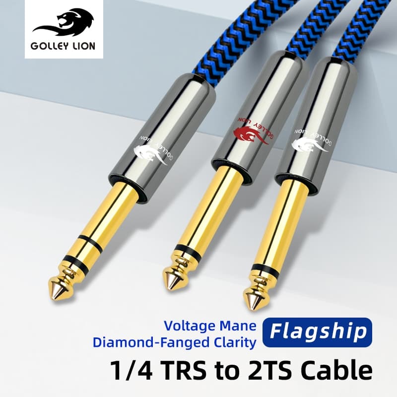GOLLEY LION 1/4 นิ้ว TRS ถึง Dual TS Y Splitter Cable, Gold Plated 6.35mm Stereo Male to 2 Mono Male Breakout Cable for Audio Interface, Mixer, Amplifier