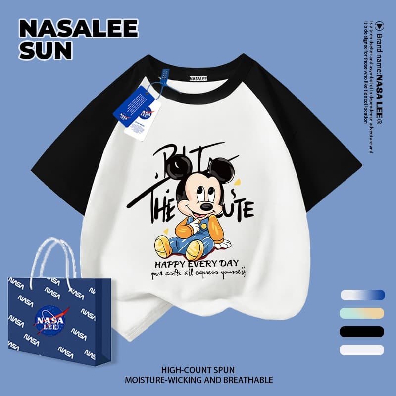 【ส่งจากกรุงเทพฯ】เสื้อยืดผ้าฝ้ายสำหรับเด็ก NASA แบบ Raglan (สีขาว-ดำ) พิมพ์ลายมิกกี้เมาส์น่ารัก 3-16 ปี เด็กผู้ชายและเด็กผู้หญิง ฤดูร้อน ทรงหลวม แขนสั้น