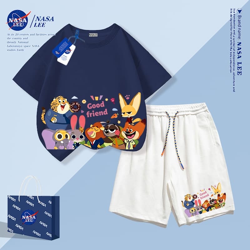 【จัดส่งภายในวันเดียวกัน】ชุดเสื้อยืดผ้าคอตตอนทรงหลวม NASA ลายสัตว์ สำหรับเด็กอายุ 4-16 ปี คอกลม แขนสั้น