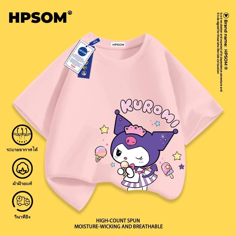 【จัดส่งวันเดียวกัน】 เสื้อยืดแขนสั้นสำหรับเด็กสีชมพู ผ้าฝ้ายแท้ระบายอากาศดี ลาย Kuromi สุดเก๋ ไซส์ 3-16 ปี ทรงหลวมสบาย ใส่ลำลอง