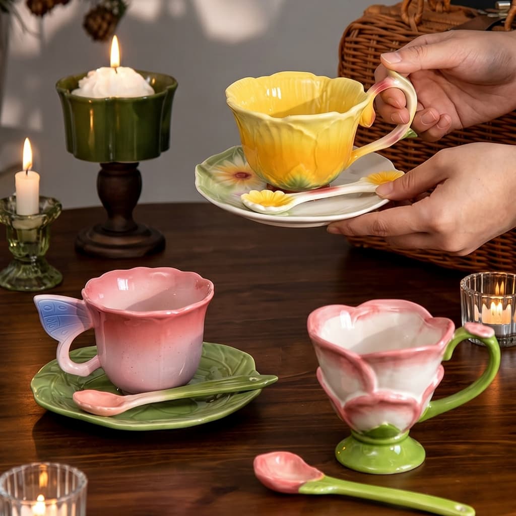 HongDian เซรามิกถ้วยจานรองลายดอกเบญจมาศ ceramic cup saucer spoon set ถ้วยกาแฟถ้วยน้ำถ้วยอาหารเช้า สีชมพูสีเหลือง คุณภาพสูง men dưới ทนรอยขีดข่วน ไม่ลอกสี ล้างง่าย ใช้ไมโครเวฟ เตาอบ เครื่องล้างจาน ตู้ฆ่าเชื้อ ดีไซน์ต้นฉบับ โรงงานขายตรง