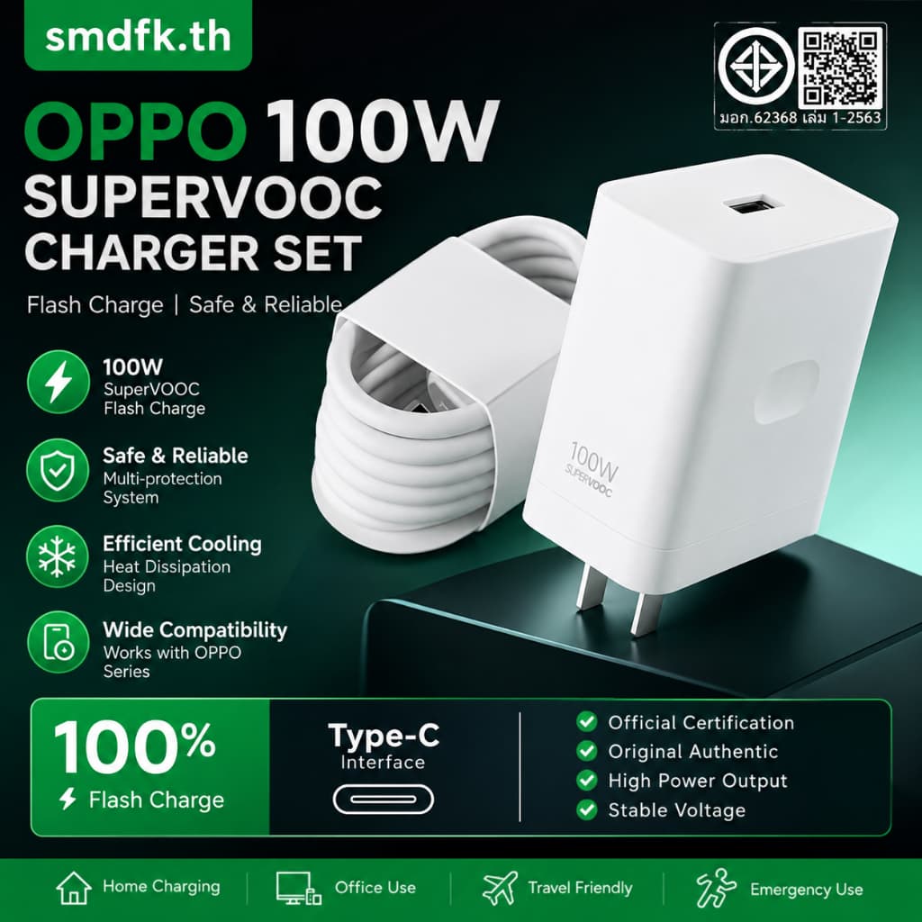 ชุดชาร์จเร็ว OPPO SuperVOOC 100W หัวชาร์จ+สาย Type-C 1/1.5/2ม. ไฟนิ่ง ทนร้อน สำหรับ Reno Find A Series