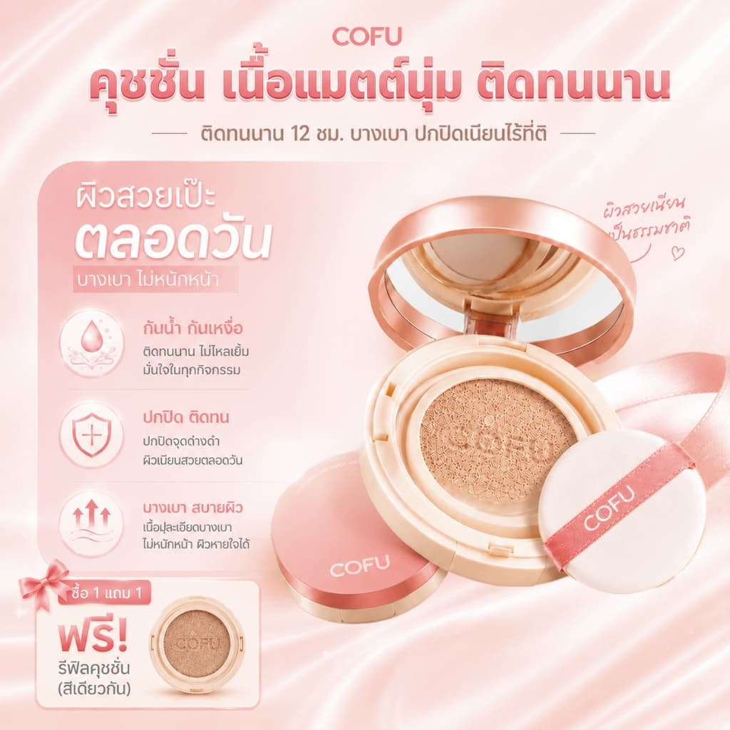 【COFU】คุชชั่น เนื้อบางเบา เป็นธรรมชาติ ติดทนนาน ปกปิดเรียบเนียน เติมความชุ่มชื้น เหมาะสำหรับผิวแห้ง