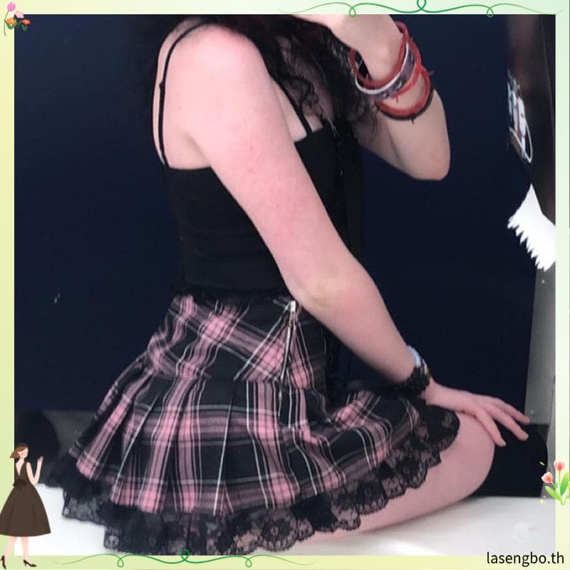 Isitaft Y2K ผู้หญิงกระโปรง,สีชมพูลาย Trim จีบ Lace Up กระโปรง, ความงามเอวสูงมินิน่ารัก Goth ลายสก๊อตลูกไม้กระโปรงฤดูร้อนเครื่องแบบ