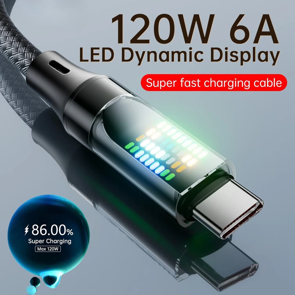 120W Type C สายชาร์จเร็ว 6A USB A ถึง Type C สายเคเบิลข้อมูลไนลอนพร้อมจอแสดงผล Led สาย USB C