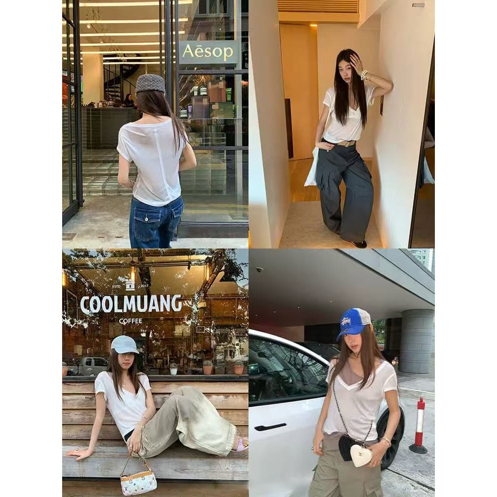 <Moses Queen> เสื้อยืดแขนสั้นคอวีทรงเรโทรแบบอเมริกันสำหรับผู้หญิง ทรงเข้ารูป สวมใส่สบาย เหมาะสำหรับฤดูร้อน