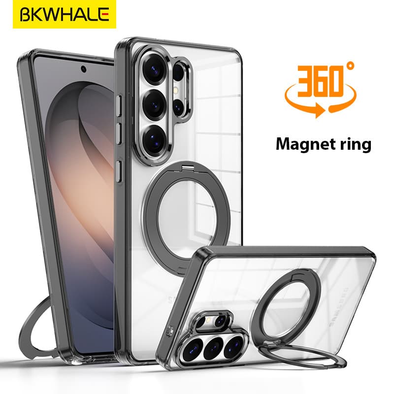 BKWHALE 360° แหวนหมุนได้เคสโทรศัพท์ใสแม่เหล็กพร้อมขาตั้งสําหรับ Samsung Galaxy S26 Ultra S26 + S26u ปลอกกันกระแทกโปร่งแสง