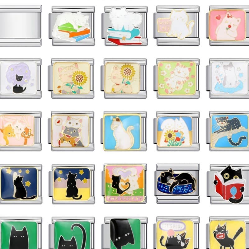 Kawaii แมวน่ารักการ์ตูนอิตาเลี่ยน Charm Link Fit 9 มม.สร้อยข้อมือสแตนเลสทํา DIY ลูกปัดแฟชั่นผู้หญิงผู้ชายเครื่องประดับ