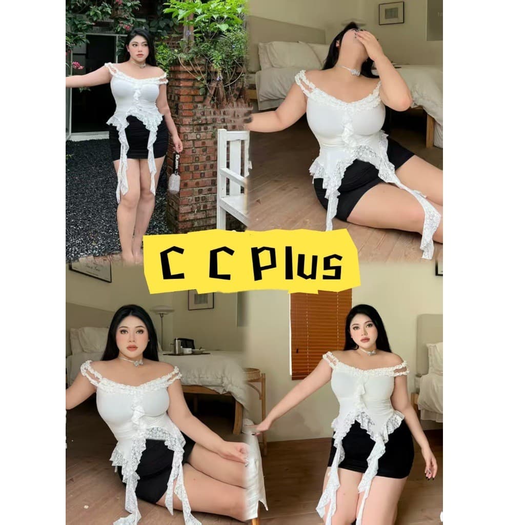 CiCi Plus+(Y6295) เสื้อปาดไหล่สายเดี่ยว สีพื้น แต่งชายระบายลูกไม้ ผ้ายืด น่ารักเกาหลี สไตล์สาวพลัสไซส์