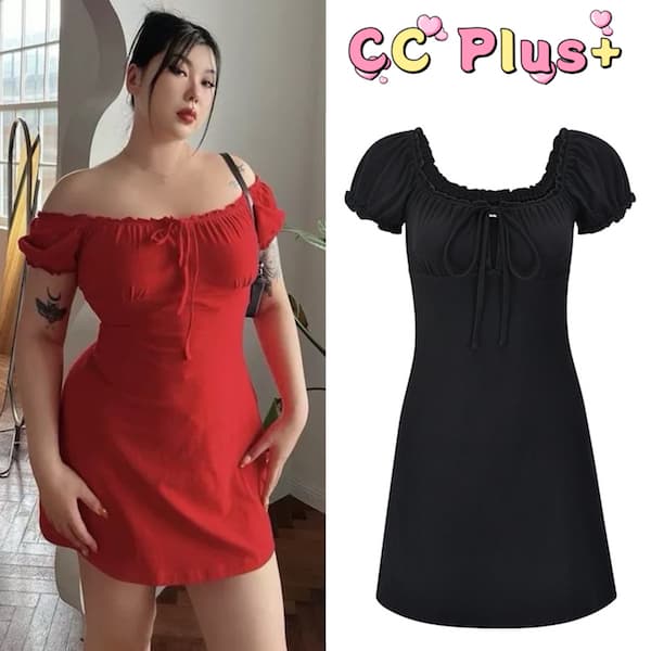 CiCi Plus+(3188)เดรสปาดไหล่ตรงอกเป็นสม๊อกสายสามารถปรับได้สไลต์สาวเผ็ดเหมาะกับสาวพลัสไซส์
