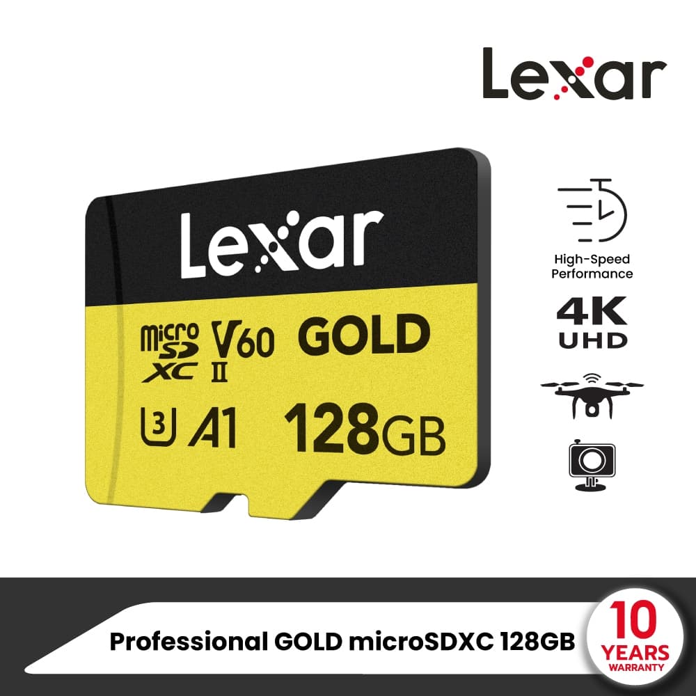 Lexar Gold MicroSD Card 128GB UHS-II U3 V60 (ไมโครเอสดีการ์ด) Full-HD 3D 4K RW280/100MB/s (LMSGOLD128G) เมมโมรี่การ์ด