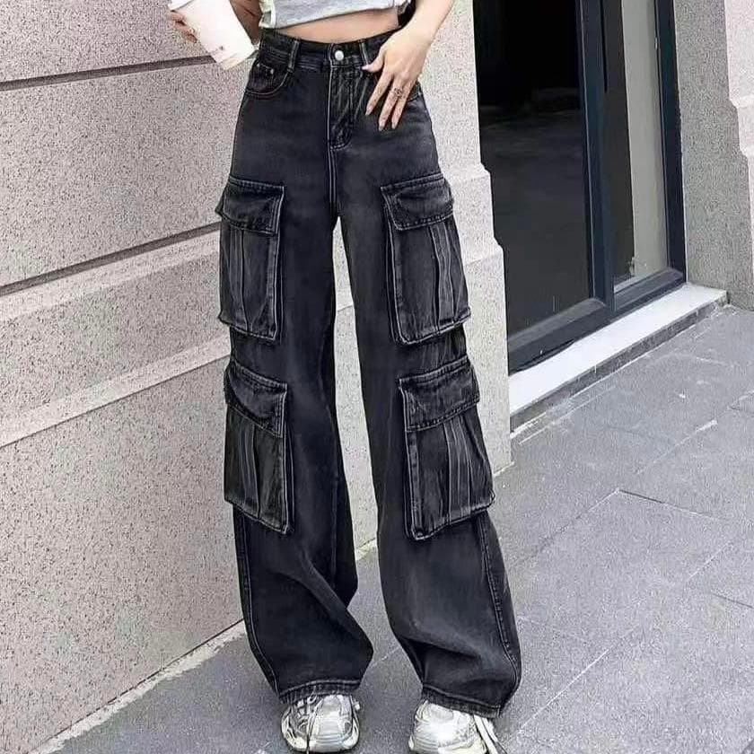 (XS-6XL) jinjeans กางเกงยีนส์คาร์โก้ ทรงช่างสีดำเทาฟอก 8 กระเป๋า (8006)