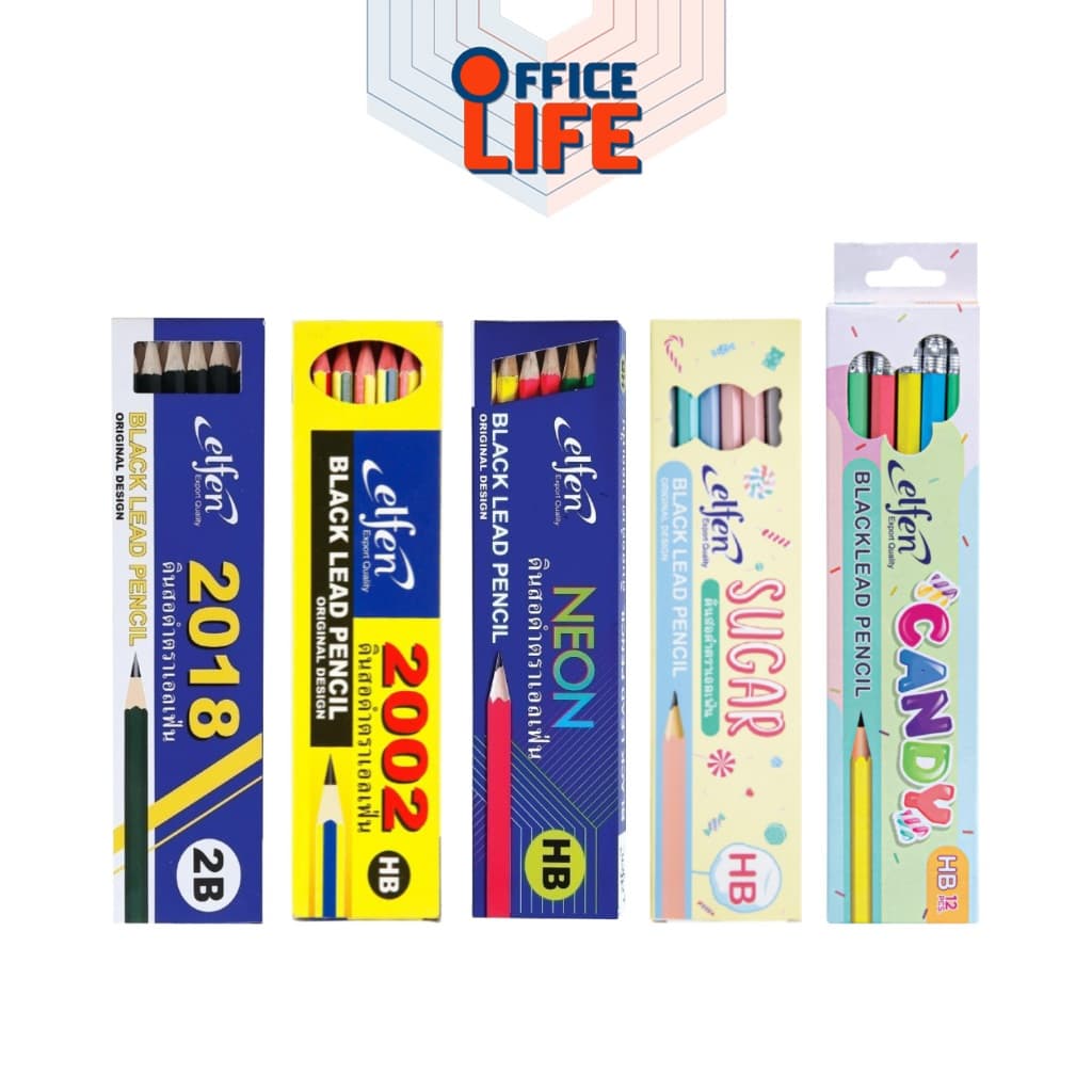 Elfen (เอลเฟ่น) ดินสอไม้ ดินสอ รุ่น 2018 / 2002 / NEON / SUGAR / CANDY ความเข้ม HB และ 2B (12 ด้าม / กล่อง)