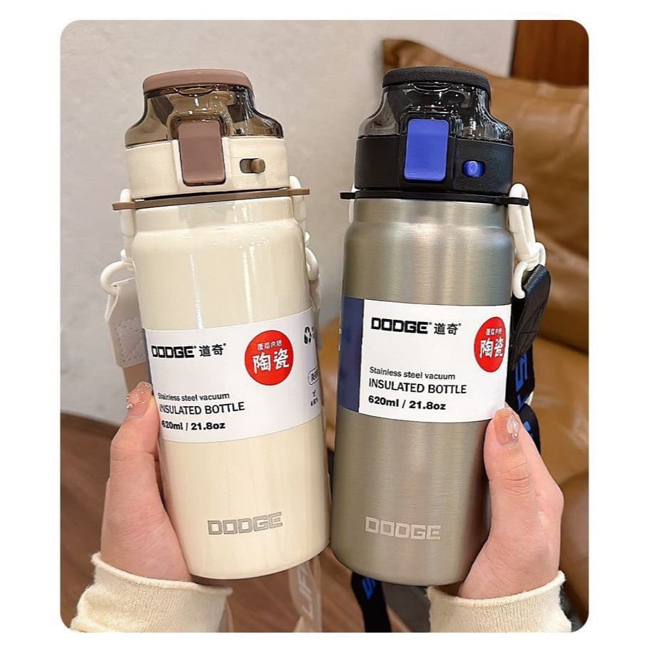 DODGE 620ML. ขวดน้ำสแตนเลส เคลือบเซารมิก เก็บความเย็น มีสายสะพาย มีหลอด