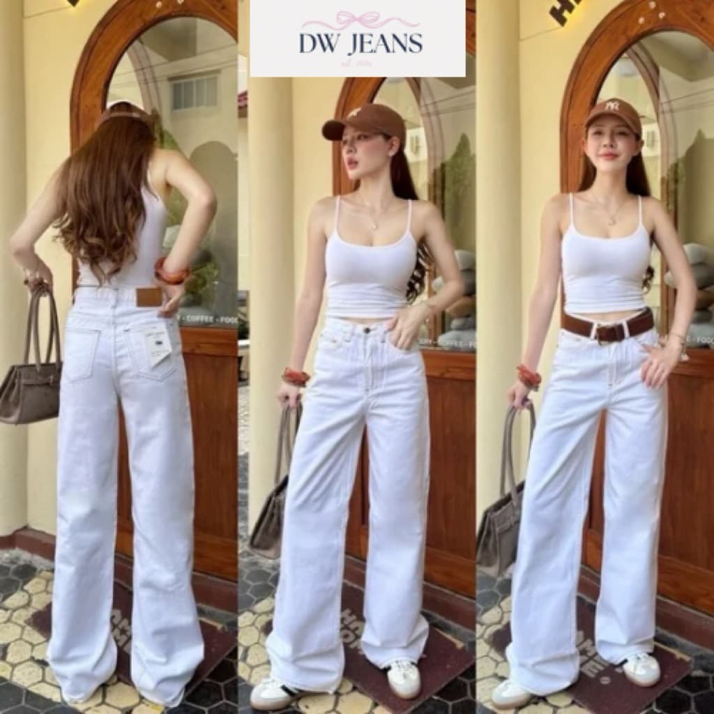 (🚚ส่งด่วน) YAM jeans | S-3XL✨ กางเกงยีนส์เอวสูงทรงกระบอกกลางสีขาว #ym9899 DWjeans