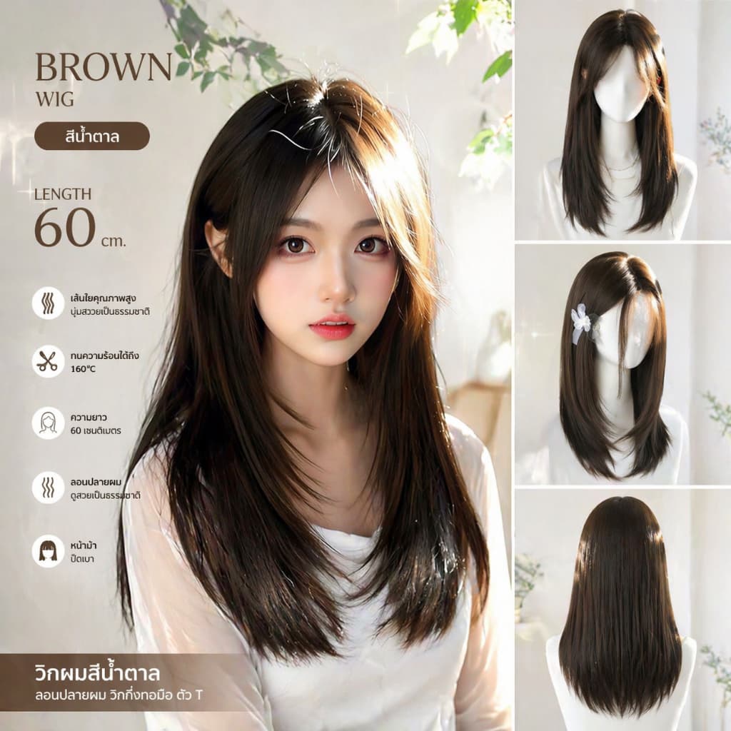 MAYAWIG วิกกึ่งทอมือตัว T วิกผมตรง ทรงสไลด์เลเยอร์ แสกกลาง สีน้ำตาล (60 cm.) MT28-1