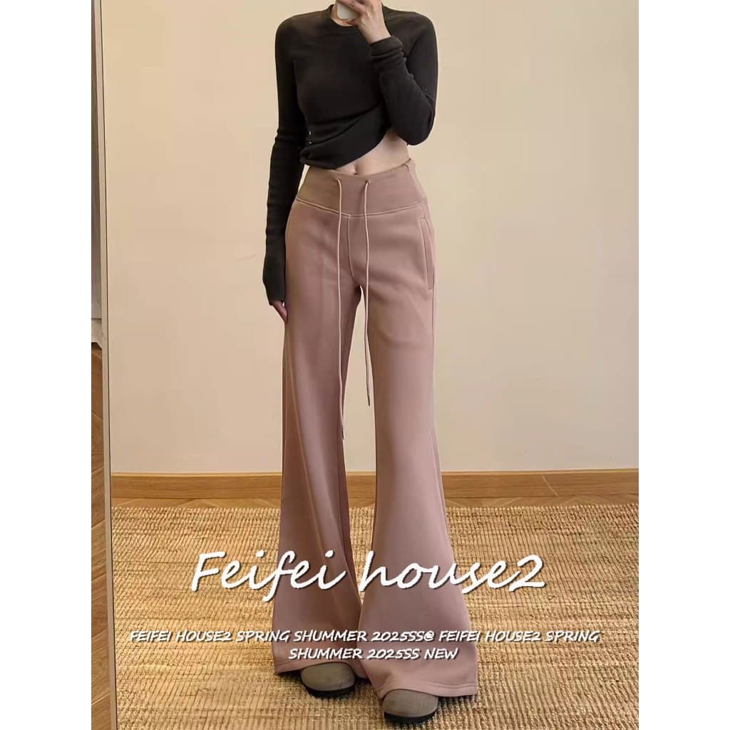 [Women's solid color flared pants]กางเกงขายาวเอวสูงแบบผูกเชือกสีพื้นสไตล์อเมริกันสำหรับผู้หญิง
