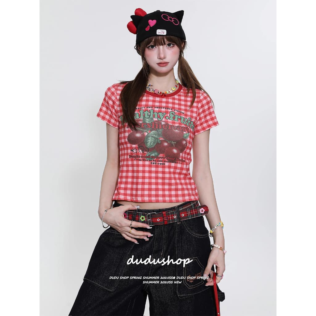 [Fruit print short-sleeved T-shirt]สงกรานต์เกาหลีผู้หญิงลายสก๊อตชนสีผลไม้พิมพ์เสื้อยืดแขนสั้น
