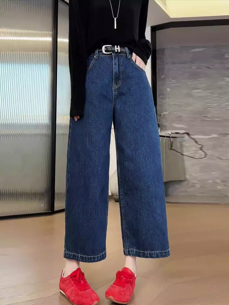 LUMOS  👖กางเกงยีนส์สีน้ำเงินวินเทจเอวสูง ทรงหลวมแบบมินิมอล ขายาว 9 ส่วน ทรงฮาเร็ม#V139#Jeans