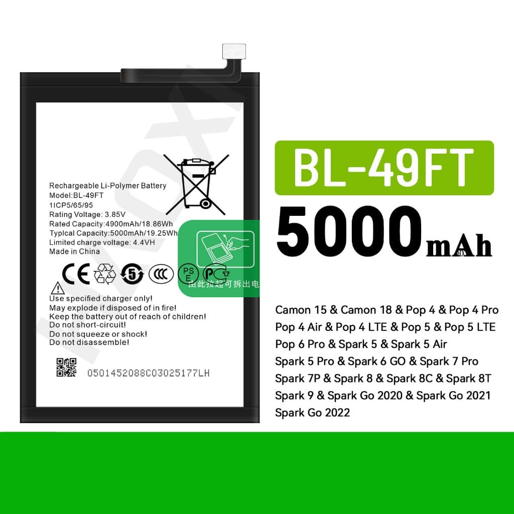 Tecno แบตเตอรี่ Spark Go 2020/2021/2022 Battery แบต Spark 5 / 5 Pro / 5 Air / 8 / 8T / 9 / 8C / 7 Pro BL-49FT