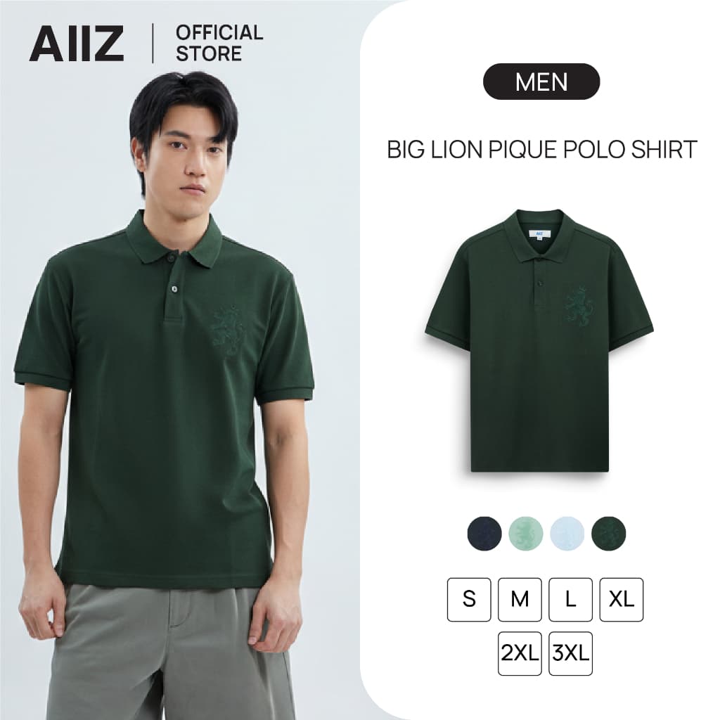AIIZ เสื้อโปโลผู้ชายผ้าปิเก้ โลโก้สิงห์ Men's Big Lion Pique Polo Shirt
