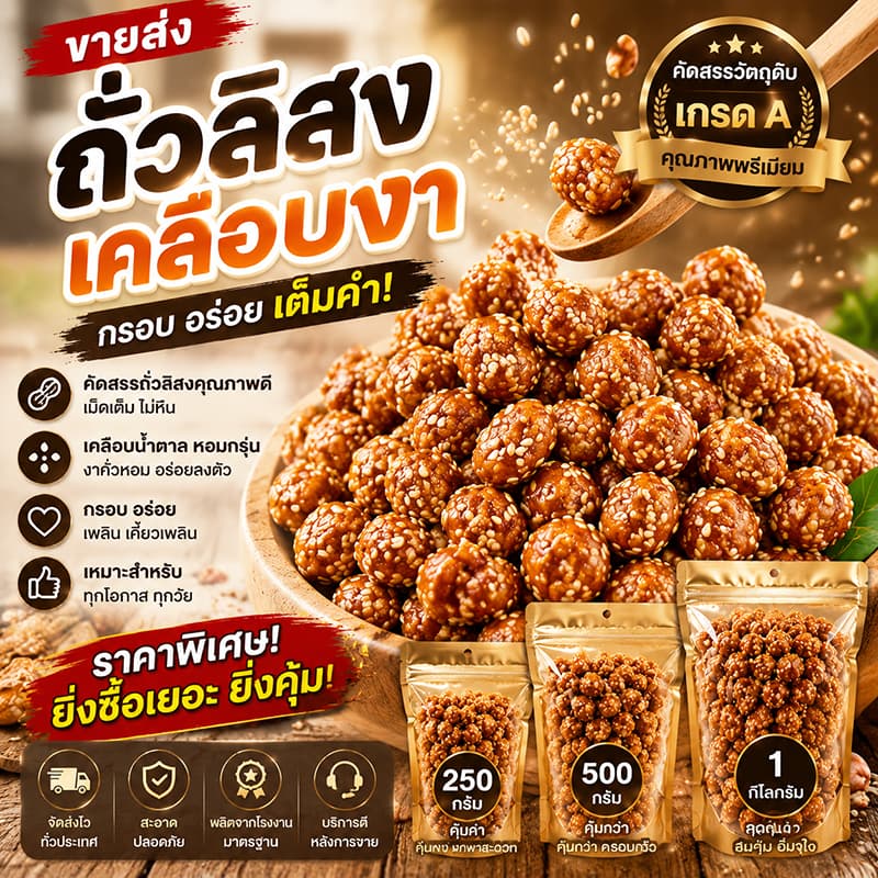 [ราคาขายส่ง!] ถั่วลิสงเคลือบงา เกรด A หอมงาคั่ว กรอบสนั่น ยิ่งซื้อเยอะยิ่งคุ้ม (250g/500g/1kg)