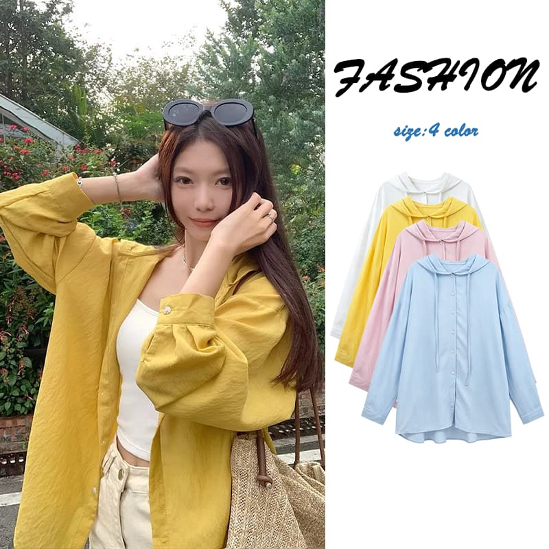 99407 เสื้อเชิ้ตกันแดดมีฮู้ดแขนยาวผ้าบางฤดูร้อน เสื้อผ้าผู้หญิงรุ่นใหม่ ทรงหลวม ระบายอากาศดี ใส่คู่ได้หลากหลายสไตล์