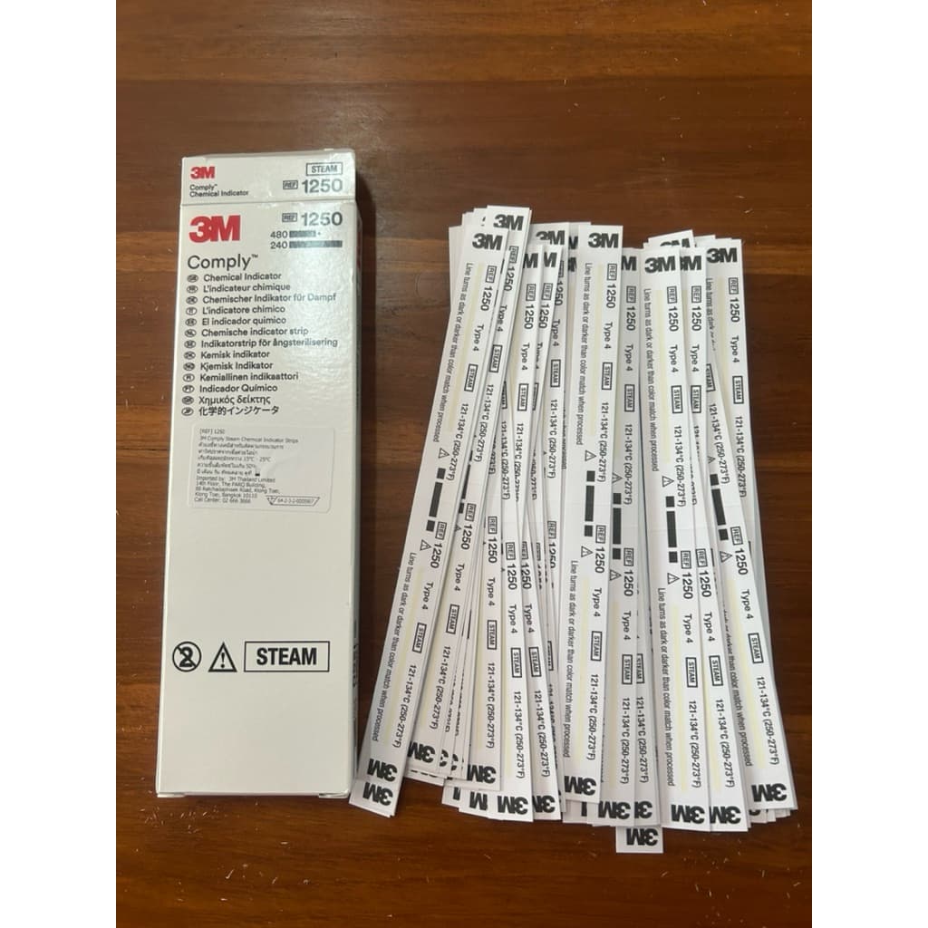 3M Comply Steam Indicator Strips 1250 ราคาต่อกล่อง (1 กล่องมี 240 แผ่น) ของแท้ 100% (EXP 03/2027)