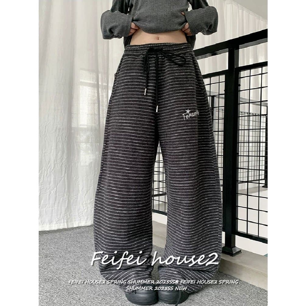 [Letter Embroidered Striped Pants]กางเกงกีฬาหญิงฤดูร้อนสไตล์วินเทจลายทางปักตัวอักษรขากว้างสบาย