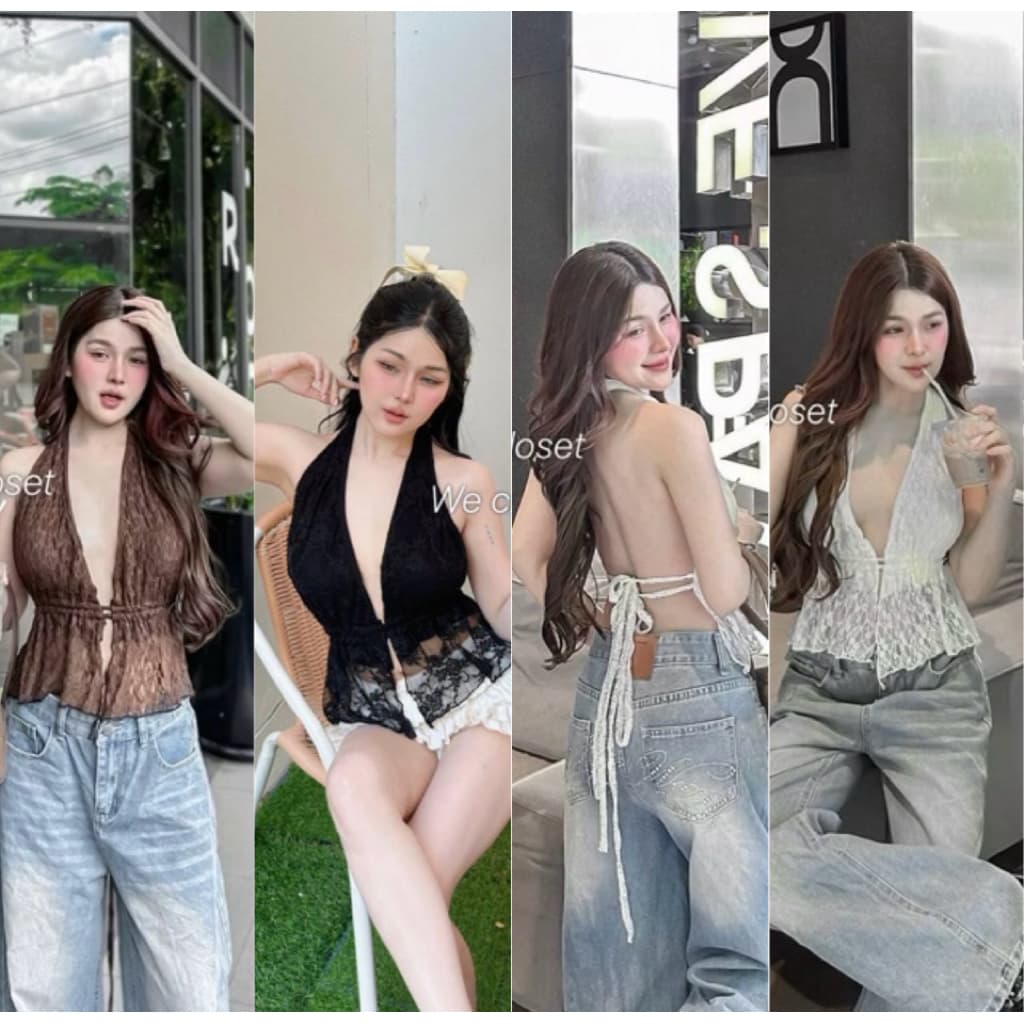 💕ShopBypuy💕เสื้อลูกไม้คล้องคอแหวกหน้าเซ็กซี่ๆ🔥คล้องคอผูกหลัง