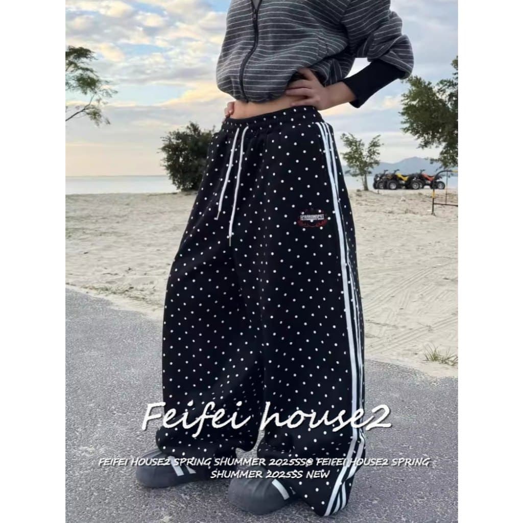 [Polka dot side stripe trousers]ผู้หญิงฤดูร้อนสไตล์เรโทรลำลองสำหรับลายตัวอักษรและลายจุดกางเกงขายาว