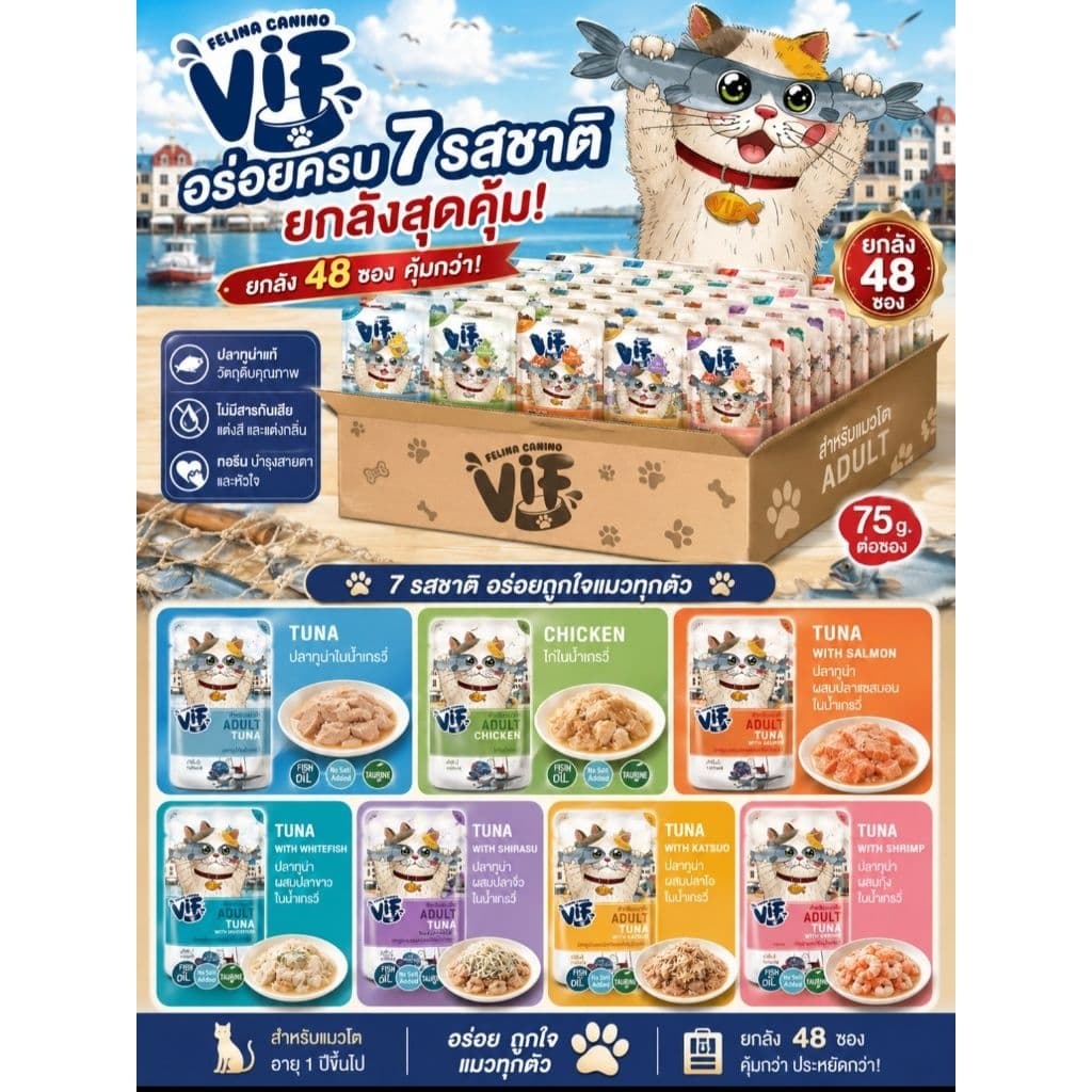 [ยกลัง] VIF Felina canino [ไม่เติมเกลือ]อาหารเปียกสำหรับแมว1ปีขึ้นไป ขนาด 75กรัม×48ซอง